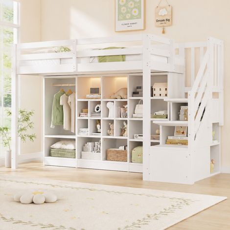 Lit mezzanine blanc 90x200 cm, bureau intégré avec placards compartimentés, penderie simple, éclairage LED, échelle latérale, espace de rangement, cadre robuste, idéal chambre enfant (1/5)