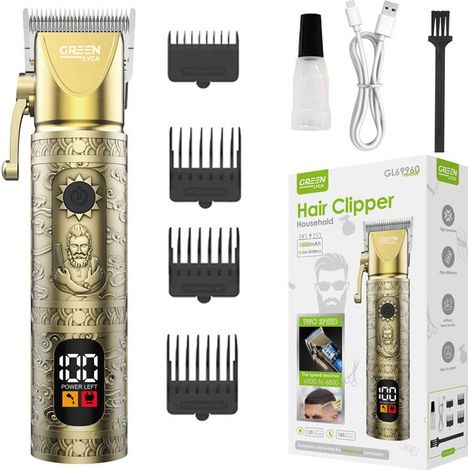 Tondeuse à cheveux vintage verte et dorée LYCA GL69960 avec écran LED et design artistique pour un style moderne
