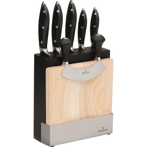 Ceppo Portacoltelli in Legno 5 Coltelli Forgiati + Mezzaluna e Tagliere Ghidini (1/2)