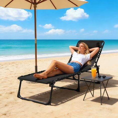 Bain de Soleil transat Pliable Dossier inclinable Multi-Positions 189 x 58 x 30cm Acier Lacets élastiques textilène noir