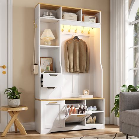 MODFU – Mueble de entrada 100x32x186 cm de aglomerado con banco, ropero y zapatero, LED por app y carga 60 kg – Blanco (1/5)