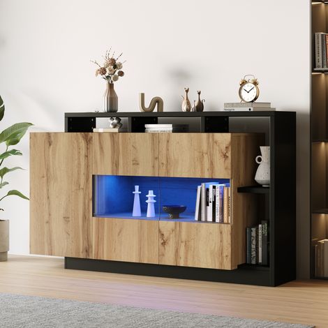 Meuble TV LED 140 x 44 x 94 cm avec commande Bluetooth, MDF et acrylique, coloris bois DESVIAE (1/5)