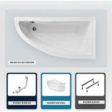 Asymmetrische Badewanne - 140 x 70 cm - Rechts - mit Verkleidung - mit Füßen - Ablaufgarnitur Chrom - PRAKTIKA