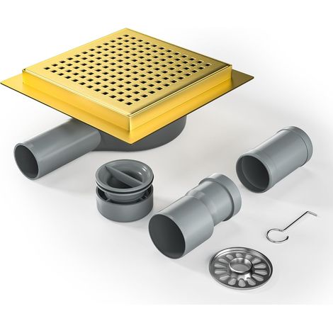 Siphon de douche carré 15 x 15 cm avec siphon à 360° avec filtre anti-odeurs et filtre à cheveux en acier inoxydable très plat DN50 DN40, doré (1/5)