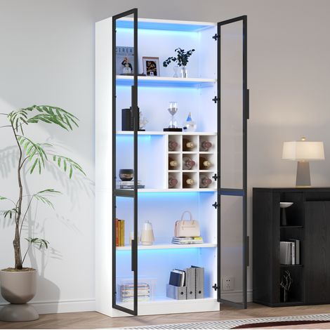 Vetrina 80 x 35 x 200 cm con LED, porte in vetro, 5 ripiani, bianca DESVIAE (1/5)
