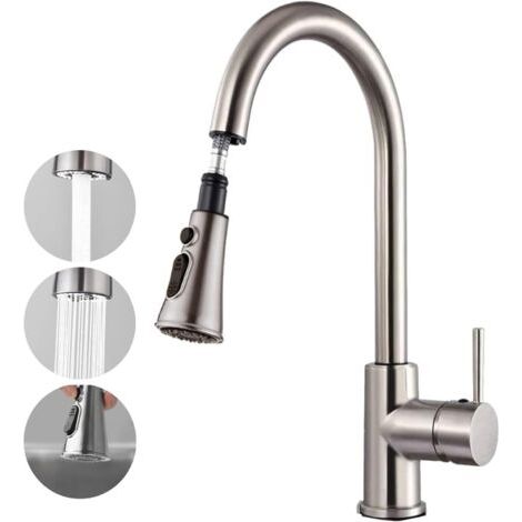 Robinet Cuisine avec Douchette Extractible, Mitigeur Cuisine Rotatif à 360°, 2 Modes de Pulvérisation Haute Pression Robinet d'Évier en Acier Mitigeur Cuisine Douchette,Robinet Evier de Cuisine (1/5)
