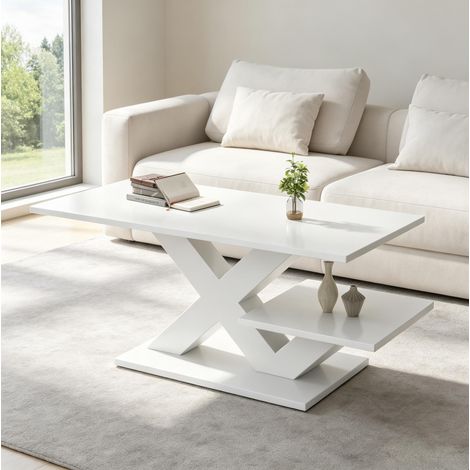 Mesa de centro 100x48x45 cm blanca brillo, doble tablero, estructura MDF, diseño X MEUBLIV (1/5)