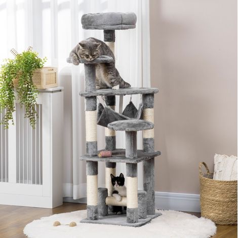 Árbol rascador para gatos (40x40x132 cm), con plataformas y hamaca, fibras de sisal y felpa, gris (1/5)