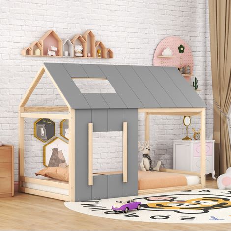 Letto per bambini 90x200 cm naturale e grigio in pino e MDF a forma di casetta con tetto e finestra (1/5)