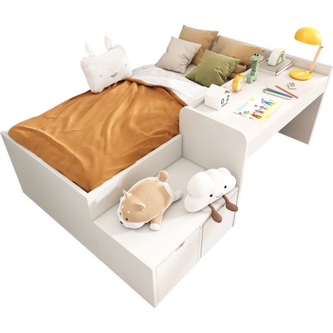Lit enfant 90x200 avec bureau, deux tiroirs et rangements, structure en bois et MDF, blanc, sans matelas, pour chambre d'enfant CHICFURN (1/5)
