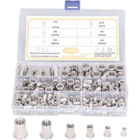 Ulisem 170 Pièces Acier Inoxydable Rivet Écrou Outil Plat Tête Filetée Rivet Nutsert Cap Assortiment kit M3 M4 M5 M6 M8 M10 Types Nuts (1/4)