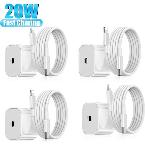 Chargeur rapide pour iPhone, adaptateur secteur USB-C 20 W + câble de 2 m, blanc (4 chargeurs et 4 câbles de charge de 2 m) (1/5)