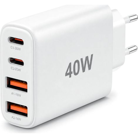 USB-C-Ladegerät, 40-W-Schnellladegerät für iPhone, 4-Port-PD+QC-Steckeradapter für iPhone 17, 16, 15, 14, 13, 12, 11 Pro Max, X, XS, XR, 8, 7 Plus, Mini, SE, iPad, Samsung Galaxy (1/5)