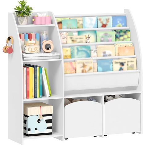 Bibliothèque Enfant avec Porte-journaux, Meuble Rangement Enfant, Étagère à Jouets avec 2 colonnes, 4 étagères, Blanc