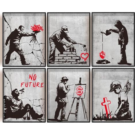 Banksy: Lot de 6 impressions d'art sur toile - Art mural - Graffiti - Poster inspirant - Décoration de rue pour salon ou chambre (1/5)
