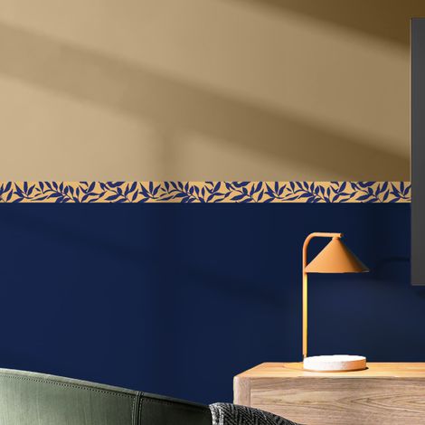 Frise décorative adhésive, feuillage, bleu roi, fond or, 5 cm X 300 cm (1/5)