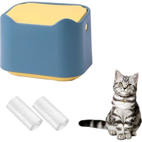 Mini poubelle de table pour litière de chat avec couvercle à pression, poubelle pour déjections d’animaux, avec 60 sacs de rechange (Bleu)