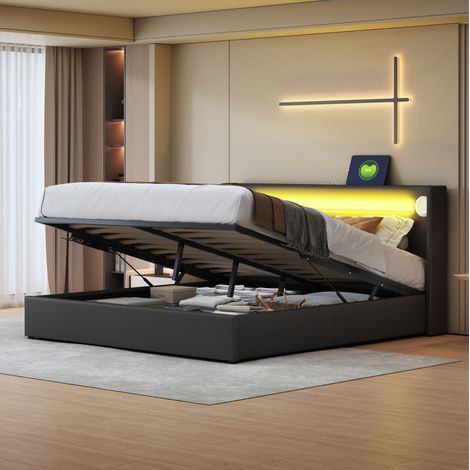 letto contenitore 160x200 LED Bluetooth PU nero HAVRYA (1/5)