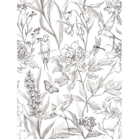 Papier peint floral noir et blanc, papier peint peel and stick, papier peint auto-adhésif amovible, 44cm5m (1/5)