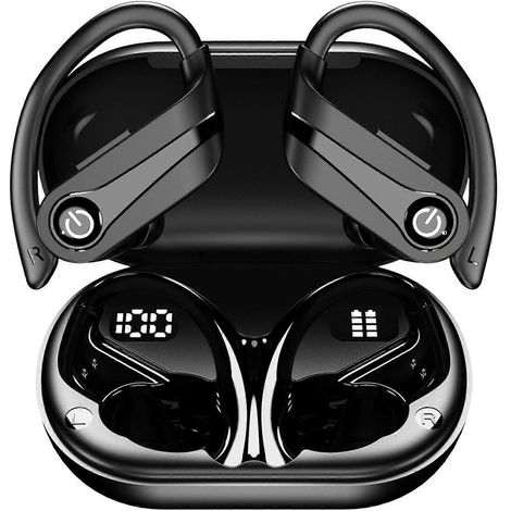 Écouteurs sans fil, casque sport Bluetooth 5.1, autonomie de 10 heures, oreillettes à contour d'oreille, son stéréo haute fidélité 6D et réduction de bruit. (1/4)