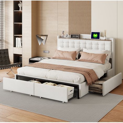 DESVIAE Lit double rembourré 160 x 200 cm avec port USB tête de lit avec tablette 4 tiroirs de rangement tissu lin gris (1/5)