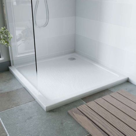 Cuisibane – Receveur de douche 100x100 cm acrylique extraplat – Surface texturée imitation ardoise antidérapante – Épaisseur 5 cm – Installation au sol ou sur pieds (1/5)