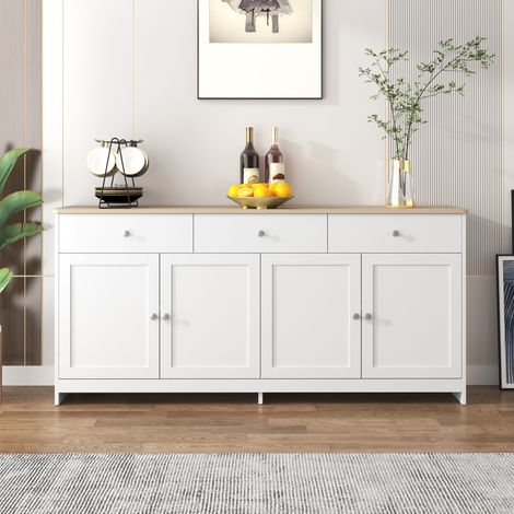 CHICFURN Aparador bajo 160 x 37 x 75 cm de MDF blanco y madera, 4 puertas y 3 cajones (1/5)
