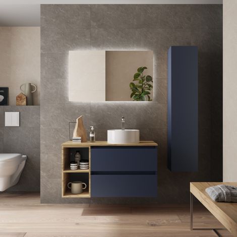 Cygnus Bath – Meuble de salle de bain 100cm bleu mat – Vasque en porcelaine – Tiroirs à fermeture amortie – MDF résistant à l'humidité (1/5)