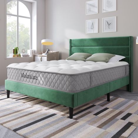 Lit rembourré 140 x 200 cm, cadre de lit avec sommier à lattes et tête de lit, lit double rembourré, revêtement en velours vert foncé, design moderne intemporel, lit junior (avec matelas) (1/5)