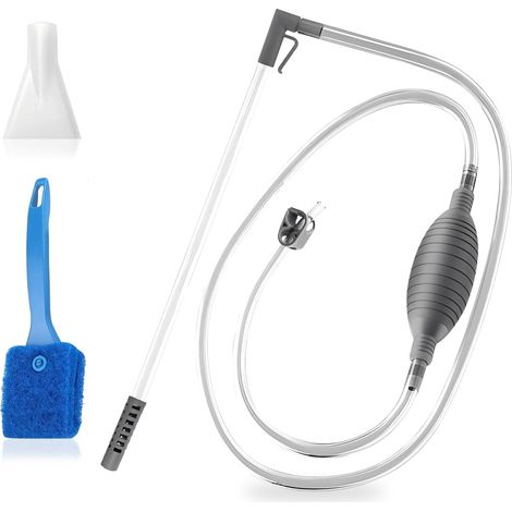 1 Kit de nettoyage d'aquarium, Tuyau flexible 1,9 m, Pompe manuelle, Brosse, Pour changement d'eau et sable