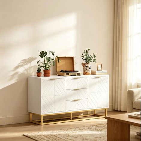 Buffet 120x40x76 cm en MDF blanc et métal doré, avec rangement pour salle à manger FloraGrace (1/5)