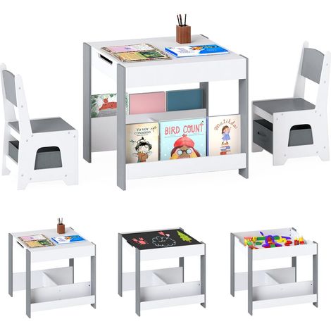 COSTWAY 4 in 1 Set Tavolo e Sedie per Bambini 3+ Anni, Tavolo e Sedie con Piano Reversibile, Scaffali e Cassetti, Ideale per Disegno, Lettura e Studio (Grigio) (1/5)