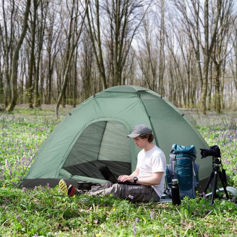 Tente de camping 2 personnes avec porte zippée, moustiquaire et sac de transport, 206 x 185 x 120 cm, verte (1/5)