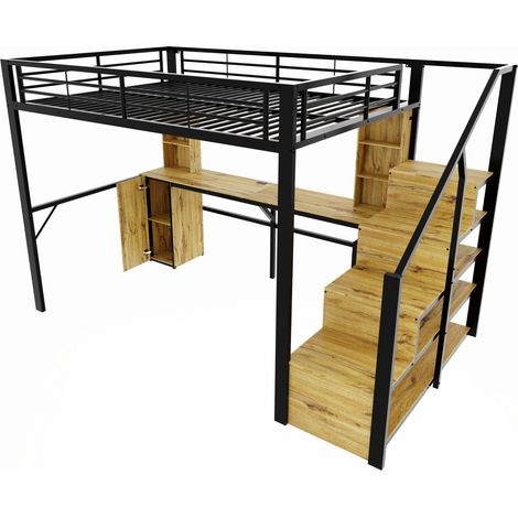 Hochbett aus schwarzem Metall 140x200 cm mit Schreibtisch, Schrank und Stauraum (1/5)