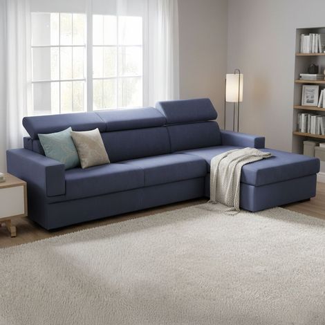 Dmora - Sofa cama Daasen, Sofá de esquina, 100% Made in Italy, Sofá con apertura giratoria, con Península de Contenedores a la Derecha, con reposabrazos delgados, Cm 260x95h85, Azul (1/5)