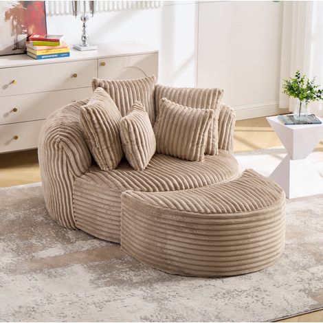 Poltrona da lettura 168x123x63 cm in ciniglia cammello e marrone con pouf - CHICFURN (1/5)