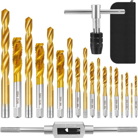 21 Stück Metrischer Bohrer- und Gewindebohrer-Set, Gewindeschneider Set mit 9 Gewindebohrer M2-M12, 9 Spiralbohrer 1,5-10mm, 2 Schlüssel und 1 Ledertasche, Screw Tap Set für Holz, Kunststoff, Metall (1/5)