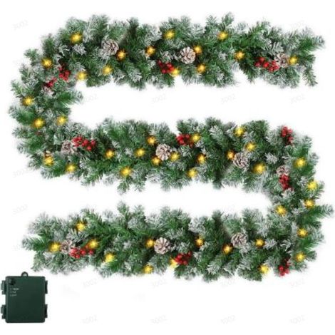 Guirlande de Noël pré-éclairée avec pommes de pin et grappes de baies artificielle 50 lumières LED alimentées par batterie pour maison, escaliers, cheminée, porte d'entrée