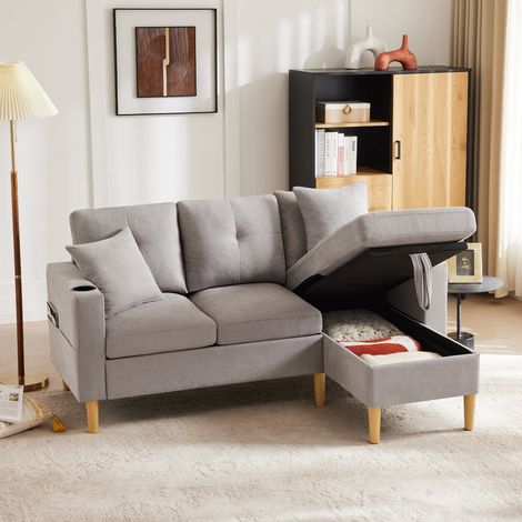 3-Sitzer-Ecksofa mit Chaiselongue, Stauraum, Becherhalter, hellgrau HAVRYA (1/5)