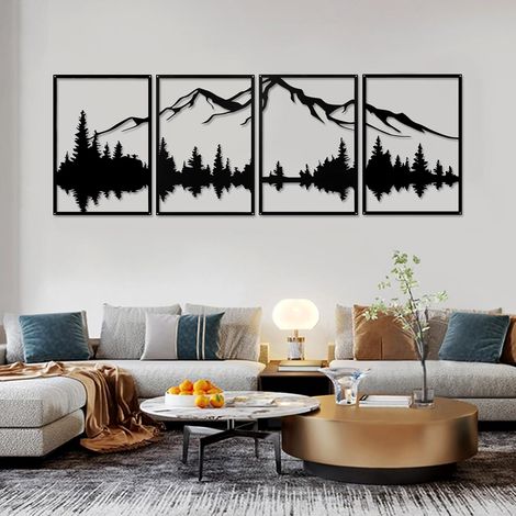 Ensemble de 4 Pièces Décoration Murale Métal, Sculpture Forêt Montagne Noir, Design Minimaliste pour Salon Chambre Bureau (1/5)