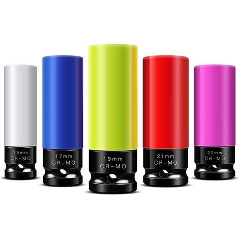 Jeu de 5 douilles de visseuse à percussion 1/2", 15 mm, 17 mm, 19 mm, 21 mm, 22 mm, Cr-Mo à paroi fine pour jantes en aluminium, changement de roue avec protection de jante, non marquant (1/5)
