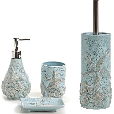 Set 4 Accessori Bagno in Ceramica CELESTE Dispenser Sapone Porta Spazzolini Piattino Portascopino Decorazioni Marine Conchiglie e Stella Marina Design MARE Elegante Casa e Hotel (1/5)