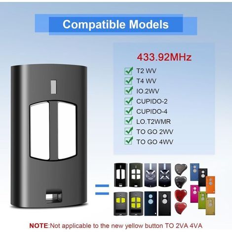 433,92MHz Télécommande pour portail,2 pièces Telecommande Universelle Porte de Garage,télécommande Compatible avec to.GO 2WV 4WV,IO.2WV,LO.T2WMR,T2 WV,T4 WV,CUPIDO-2,CUPIDO-4,4 canaux (1/3)
