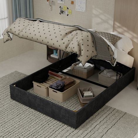 Lit double moderne-140x200cm-tissu velours-gris-vérin à gaz-140x200x30cm-Sans Matelas (1/5)