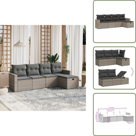 The Living Store Salon de jardin 5 pcs avec coussins gris résine tressée - Ensemble Salon De Jardin - Salon De Jardin Extérieur - Mobilier De Jardin - Canapé Jardin - Chaise Lounge