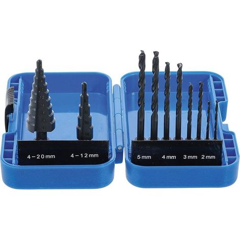 Jeu de Forets Étagés et Hélicoïdaux HSS 10 pcs - 4-12 mm 4-20 mm, 2-5 mm - Précision et Polyvalence - D-Work (1/5)