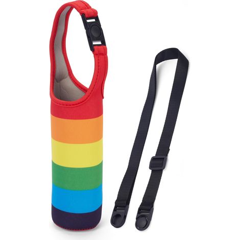 Funda de neopreno arcoíris para botella de agua con cierre a presión y correa ajustable - Diseño arcoíris vibrante para botellas de agua de 16 oz/17 oz, cuenta con asa de transporte y doble costura pa