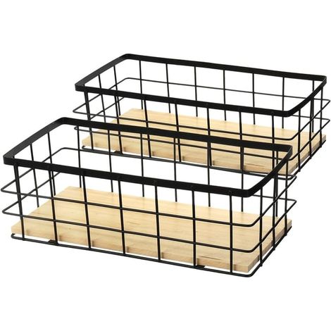 Lot de 2 paniers métalliques noirs style ferme, corbeilles de rangement murales avec étagères suspendues, déco industrielle (1/4)