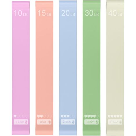 Bande de résistance en lot de cinq pour exercices, bande élastique de Pilates pour la kinésithérapie et le yoga, bande de mouvement élastique pour les hanches et les jambes (10 lb, 15 lb, 20 lb, 30 lb