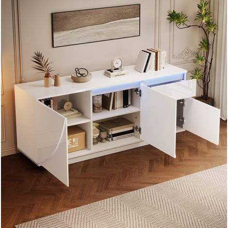 Meuble rangement buffet LED 140 40 60 cm MDF blanc OKMYHOME (1/5)